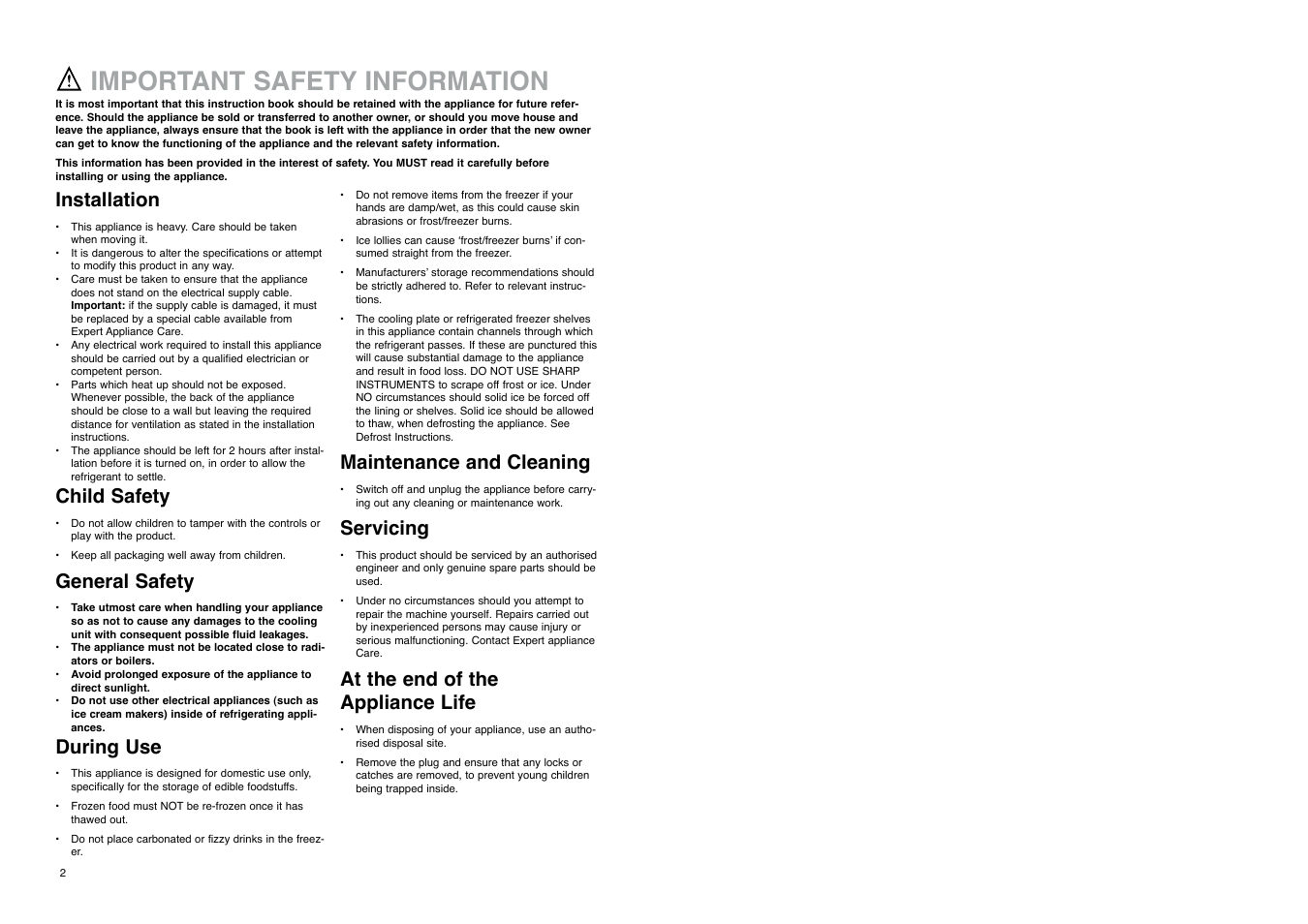 Important safety information, Installation, Child safety | General safety, During use, Maintenance and cleaning, Servicing, At the end of the appliance life | Electrolux ER 3825 B User Manual | Page 2 / 20