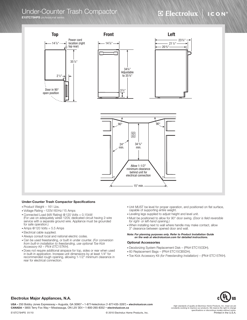 Under-counter trash compactor, Front, Left | Electrolux major appliances, n.a | Electrolux SMOOTH-GLIDE E15TC75HPS User Manual | Page 2 / 2