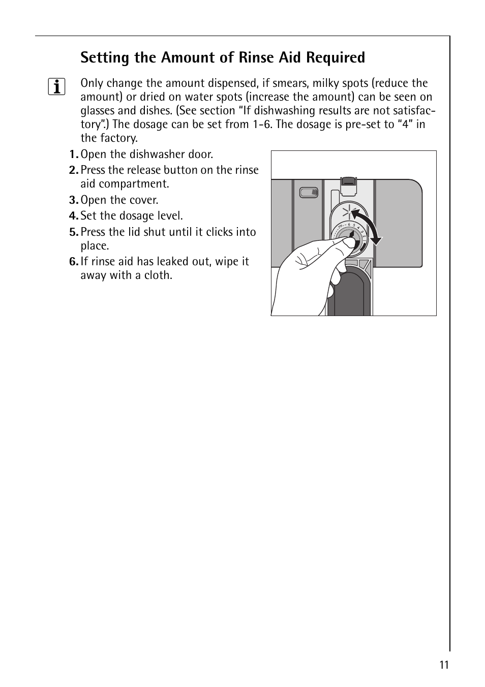 Setting the amount of rinse aid required | Electrolux 40850 User Manual | Page 11 / 40