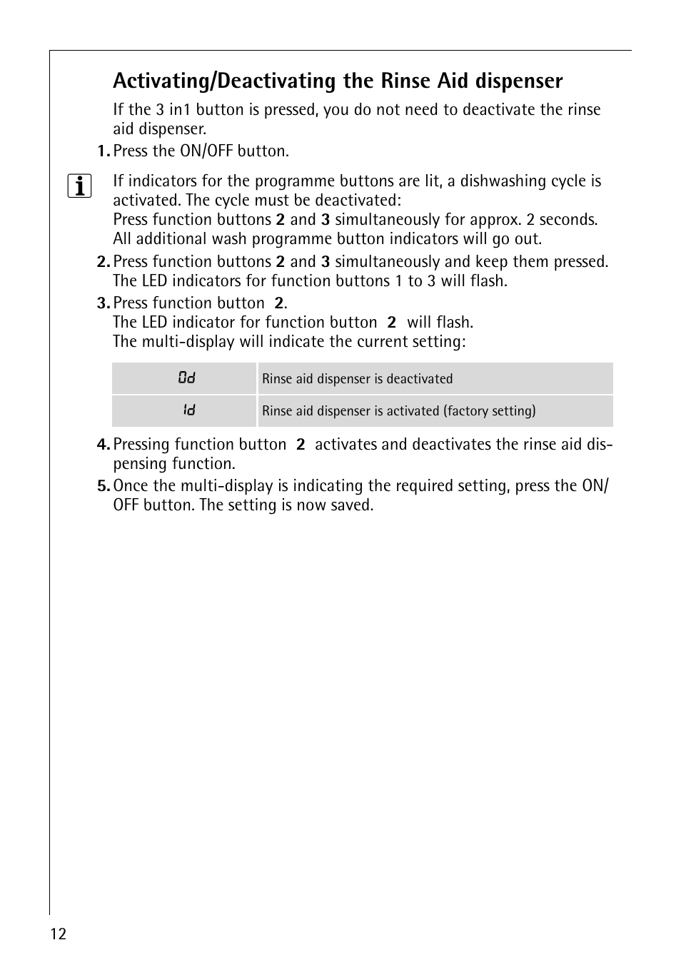 Activating/deactivating the rinse aid dispenser | Electrolux 40850 User Manual | Page 12 / 40