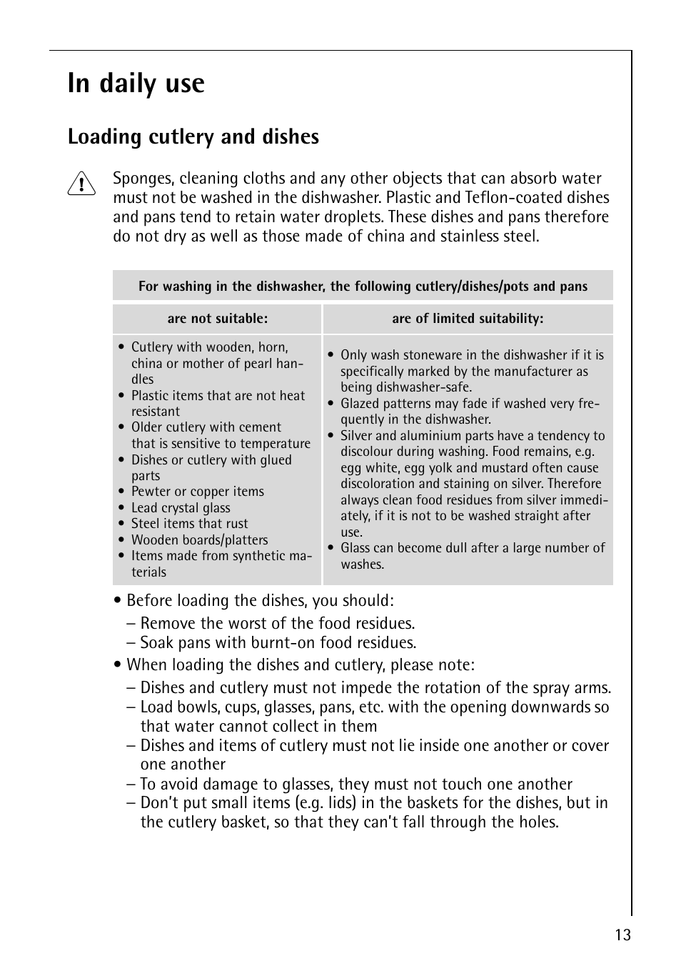 Loading cutlery and dishes | Electrolux 40850 User Manual | Page 13 / 40