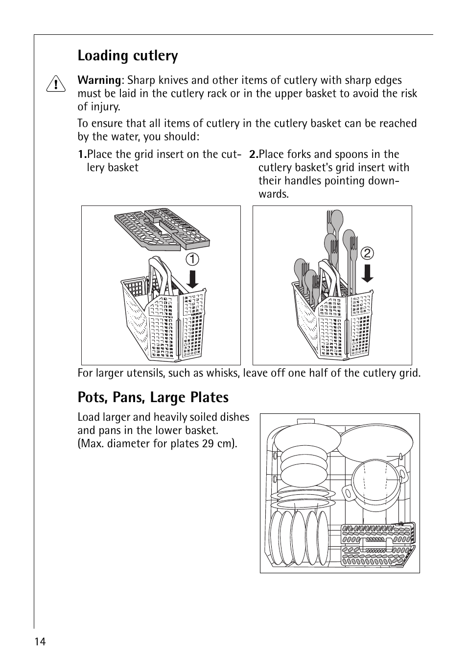Loading cutlery, Pots, pans, large plates | Electrolux 40850 User Manual | Page 14 / 40