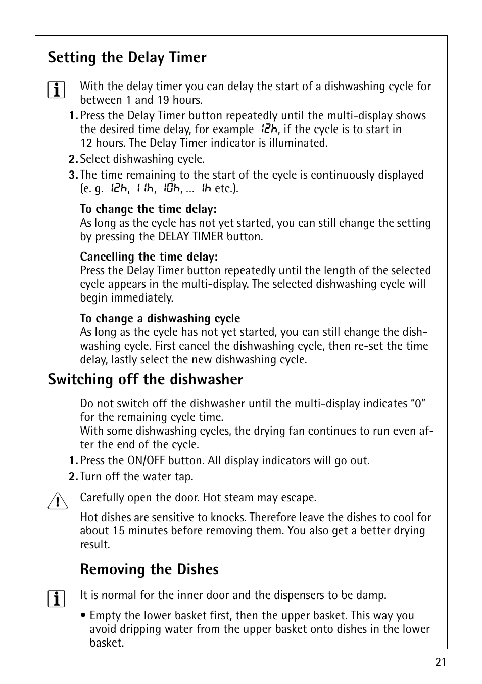 Setting the delay timer, Switching off the dishwasher, Removing the dishes | Electrolux 40850 User Manual | Page 21 / 40