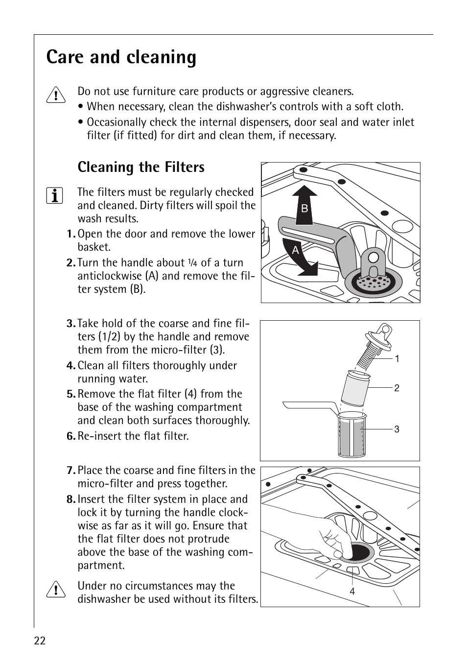 Care and cleaning 1, Cleaning the filters | Electrolux 40850 User Manual | Page 22 / 40