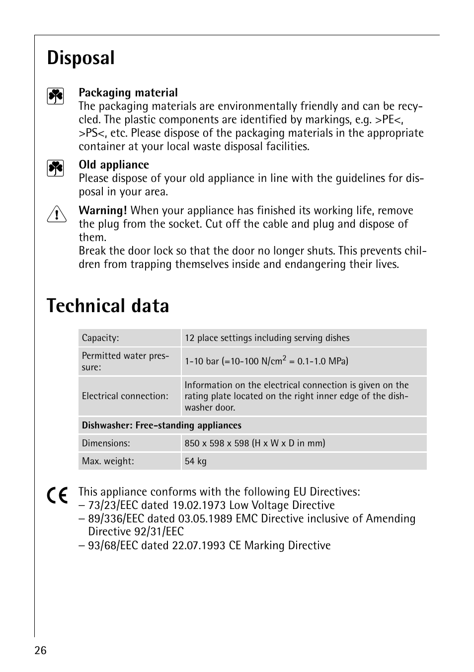 Disposal 2, Technical data 5 | Electrolux 40850 User Manual | Page 26 / 40