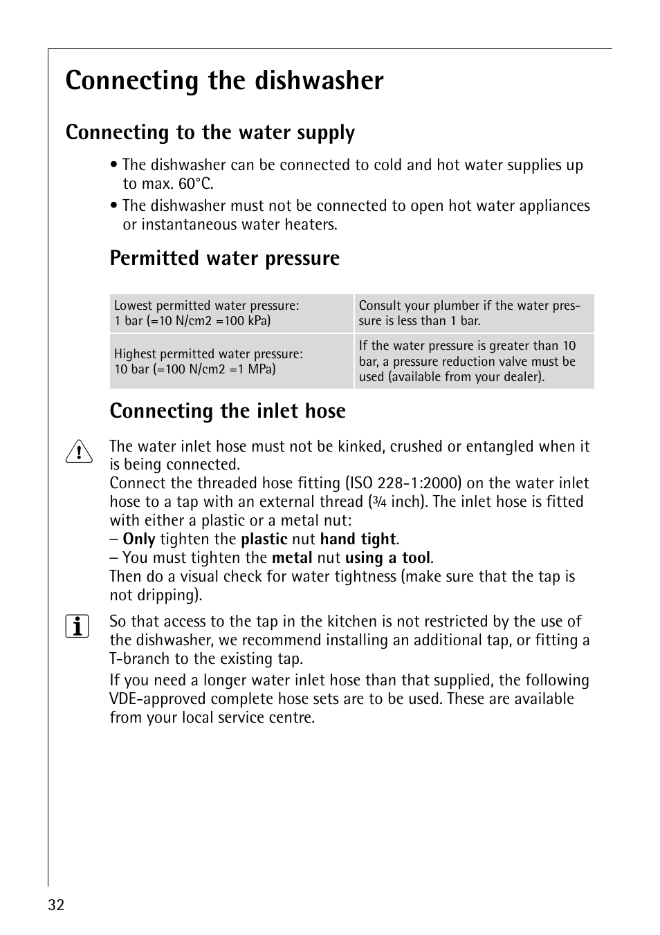 Connecting the dishwasher, Connecting to the water supply, Permitted water pressure connecting the inlet hose | Electrolux 40850 User Manual | Page 32 / 40