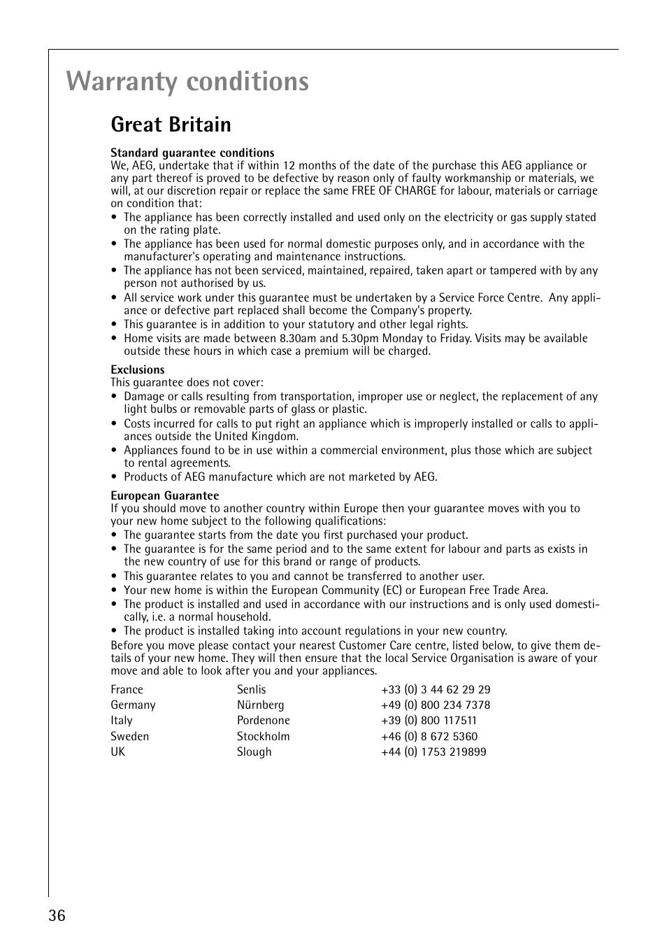 Warranty conditions, Great britain | Electrolux 40850 User Manual | Page 36 / 40