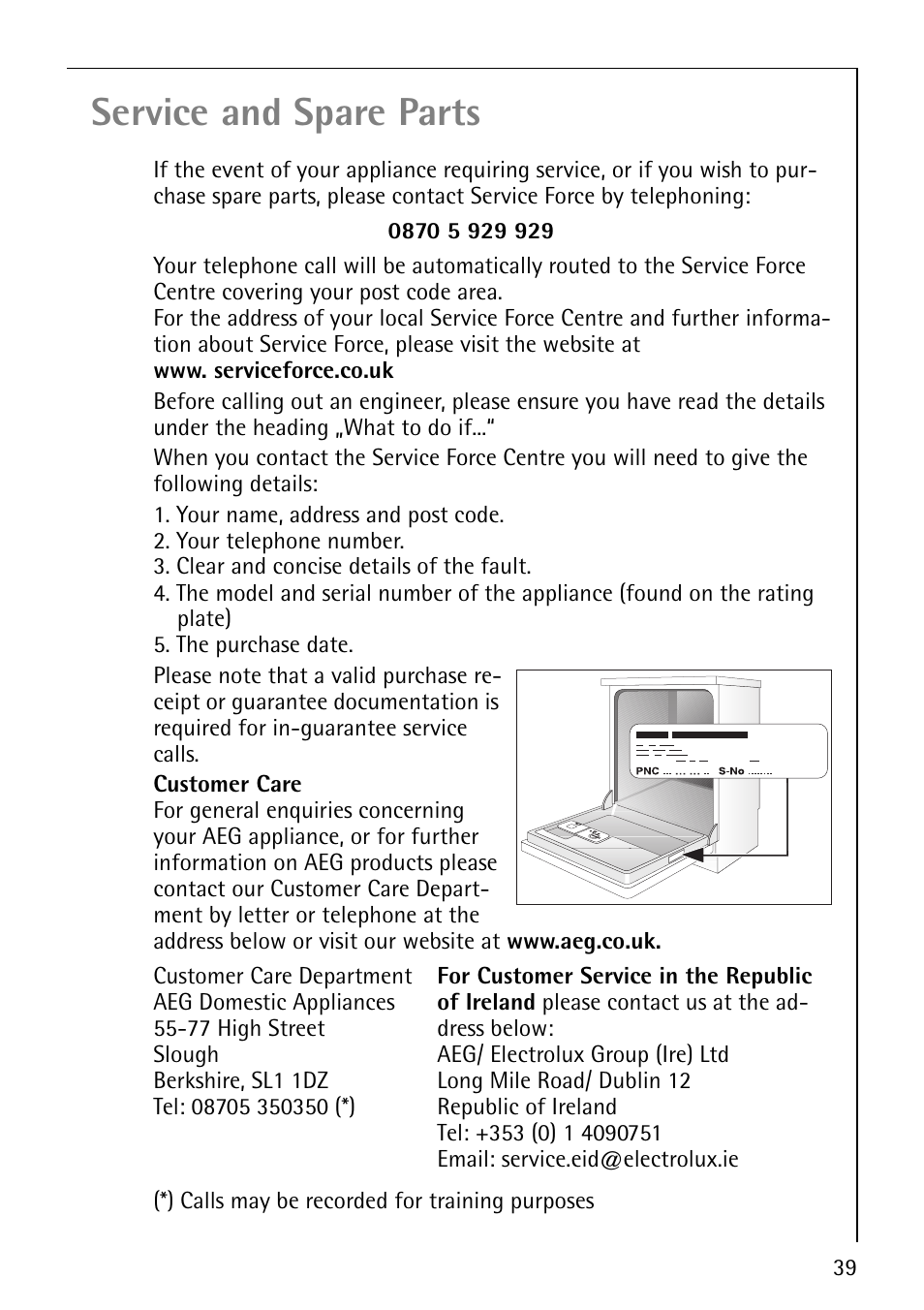 Service and spare parts | Electrolux 40850 User Manual | Page 39 / 40