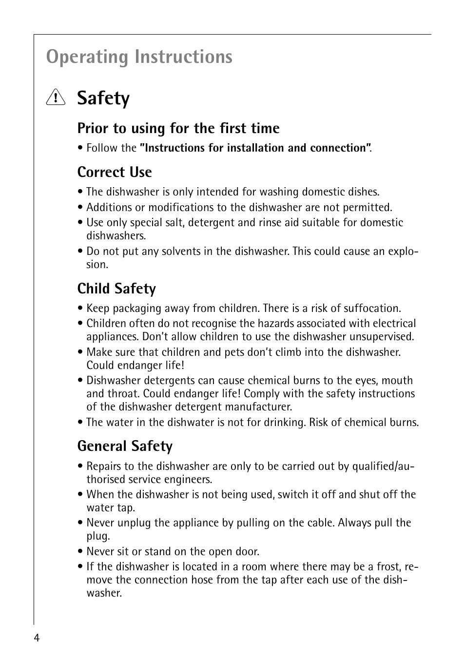 Operating instructions 1 safety, Prior to using for the first time, Correct use | Child safety, General safety | Electrolux 40850 User Manual | Page 4 / 40