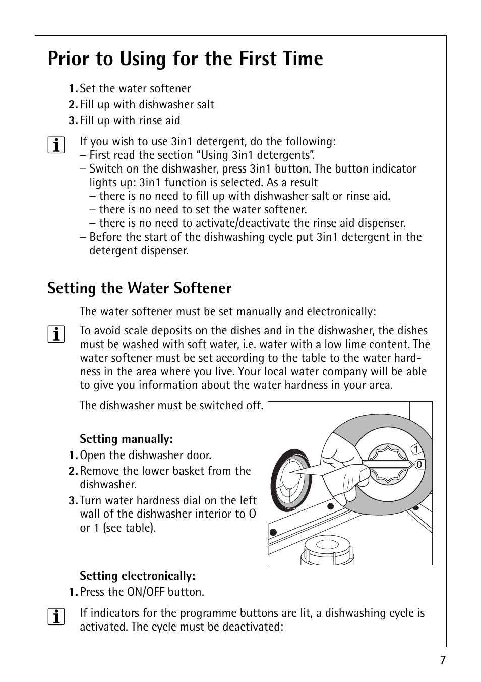 Prior to using for the first time, Setting the water softener | Electrolux 40850 User Manual | Page 7 / 40