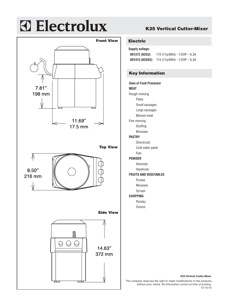 K25 vertical cutter-mixer | Electrolux Dito K25U User Manual | Page 2 / 2