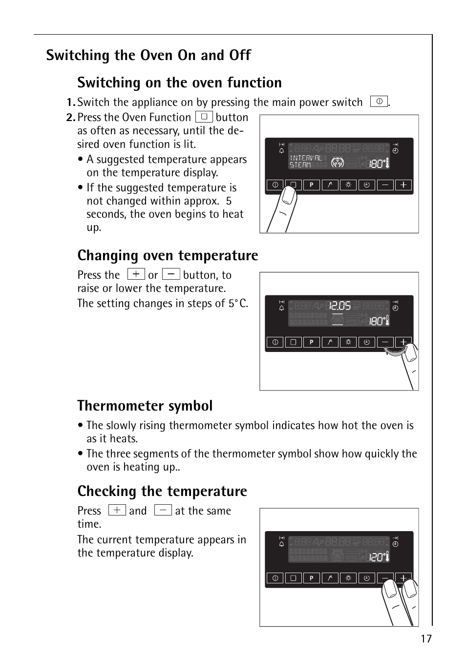 Changing oven temperature, Thermometer symbol, Checking the temperature | Electrolux CB8920-1 User Manual | Page 17 / 80