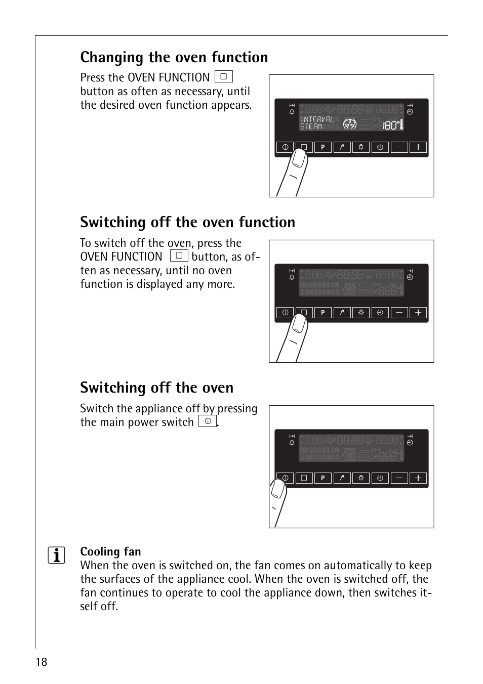 Changing the oven function, Switching off the oven function, Switching off the oven | Electrolux CB8920-1 User Manual | Page 18 / 80