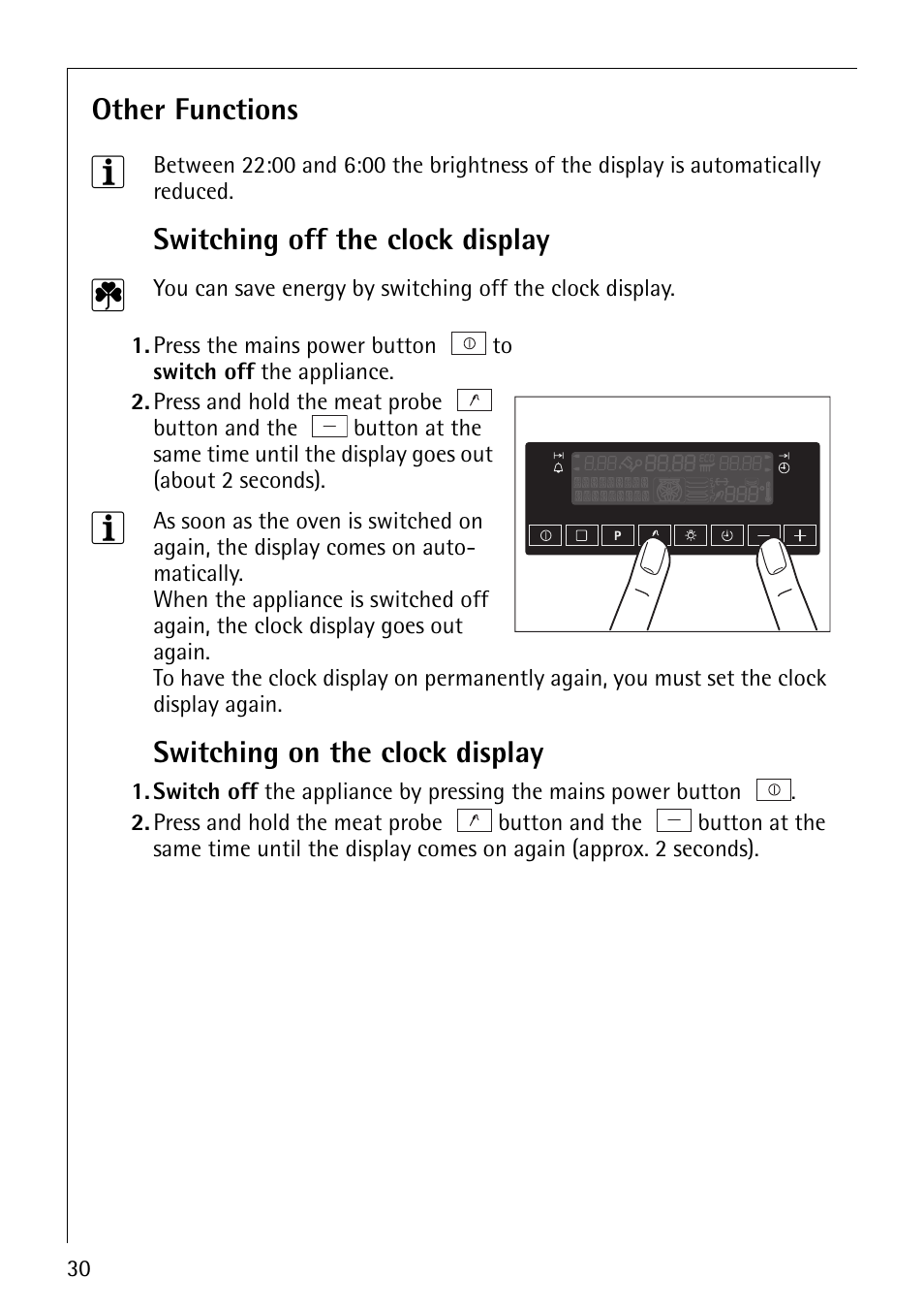 Other functions, Switching off the clock display, Switching on the clock display | Electrolux CB8920-1 User Manual | Page 30 / 80