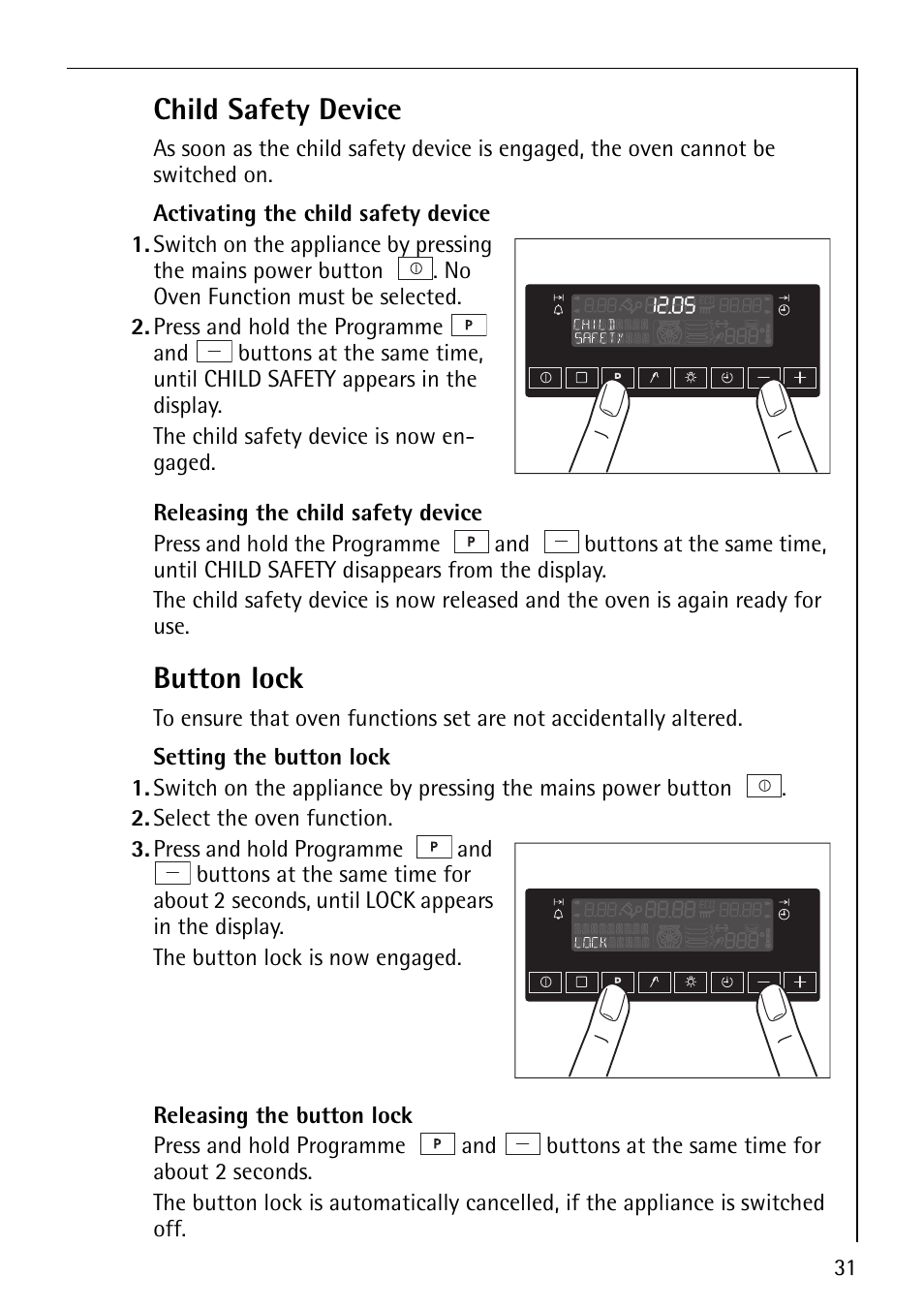 Child safety device, Button lock | Electrolux CB8920-1 User Manual | Page 31 / 80