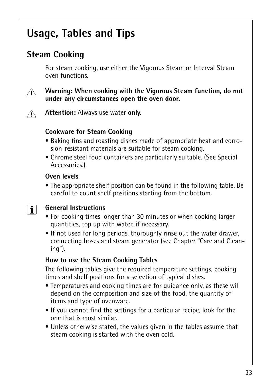 Usage, tables and tips, Steam cooking | Electrolux CB8920-1 User Manual | Page 33 / 80