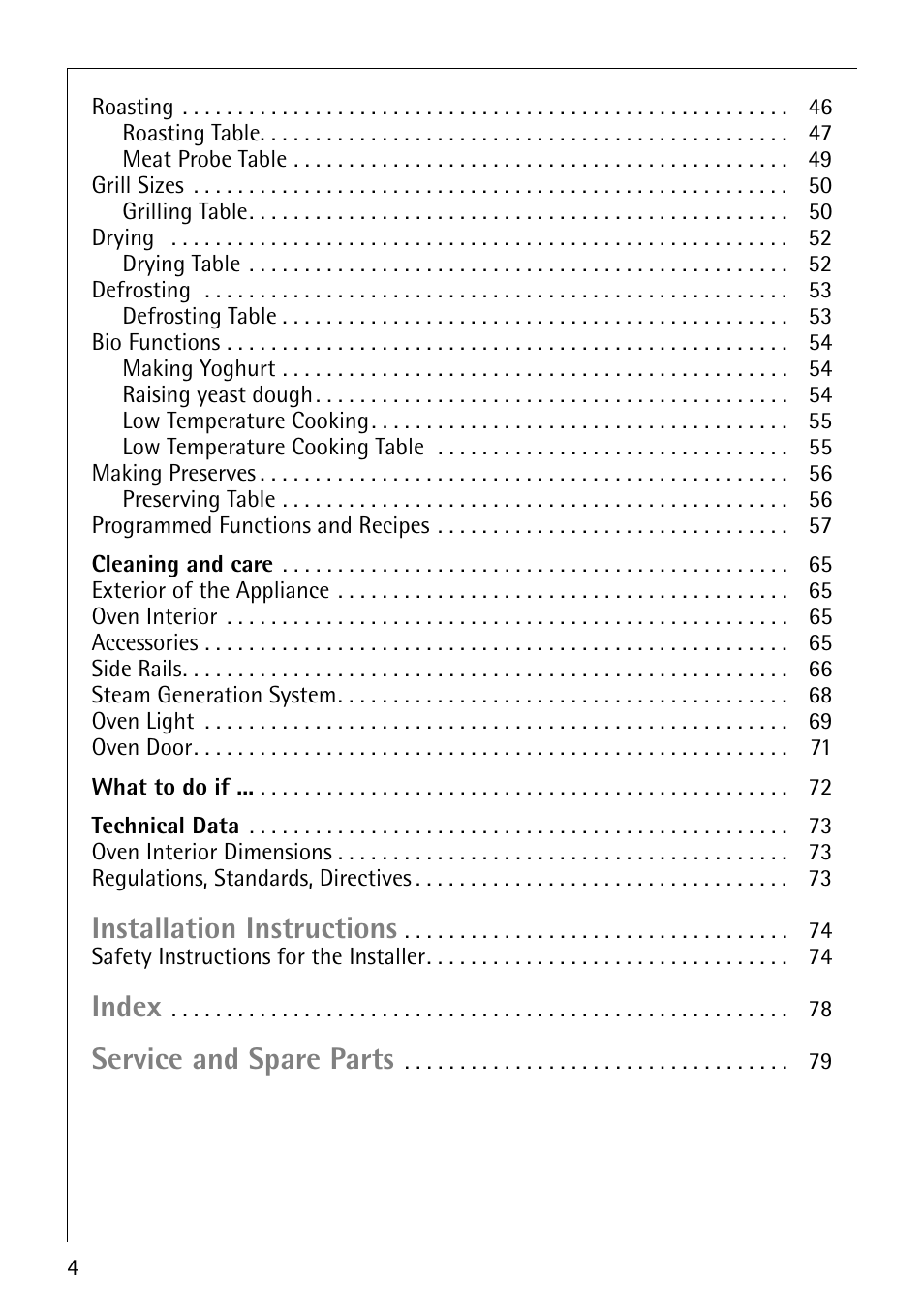 Installation instructions, Index, Service and spare parts | Electrolux CB8920-1 User Manual | Page 4 / 80