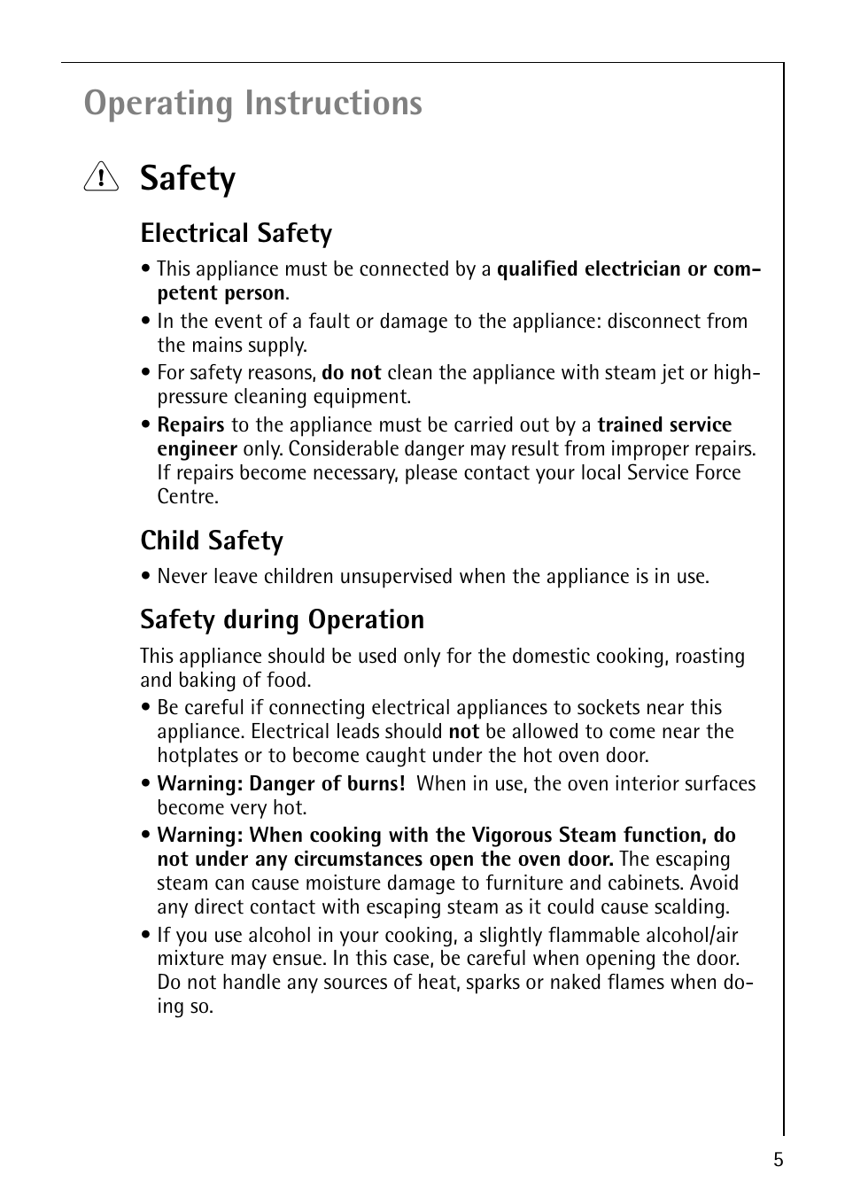 Operating instructions 1 safety, Electrical safety, Child safety | Safety during operation | Electrolux CB8920-1 User Manual | Page 5 / 80