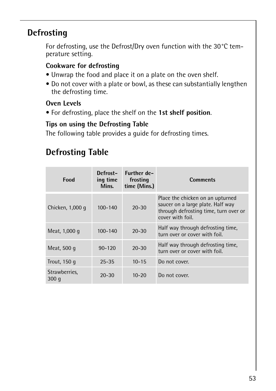 Defrosting, Defrosting table | Electrolux CB8920-1 User Manual | Page 53 / 80