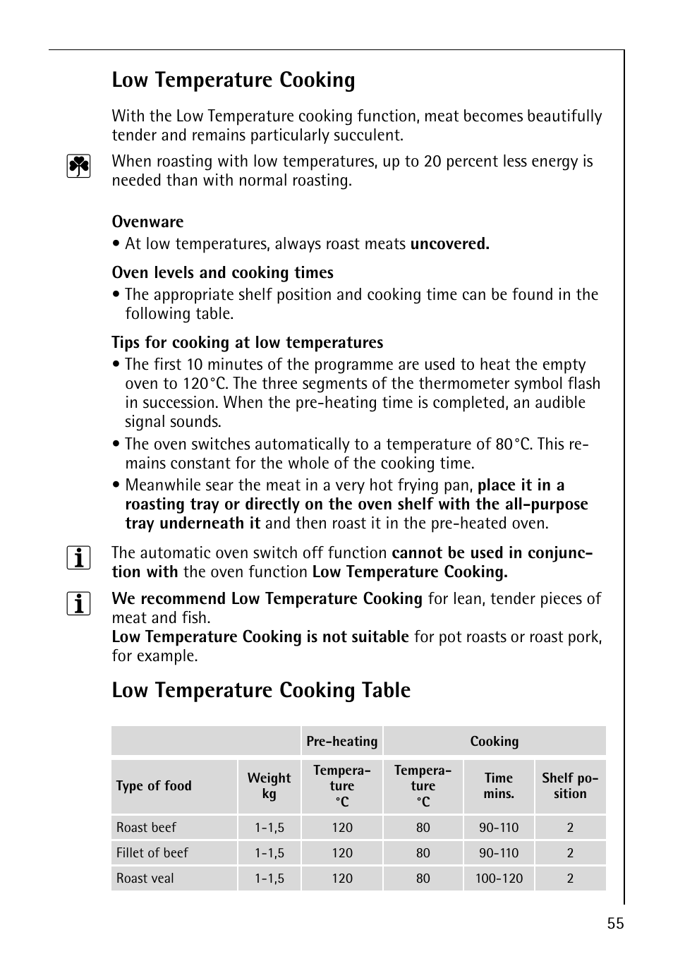 Low temperature cooking, Low temperature cooking table | Electrolux CB8920-1 User Manual | Page 55 / 80