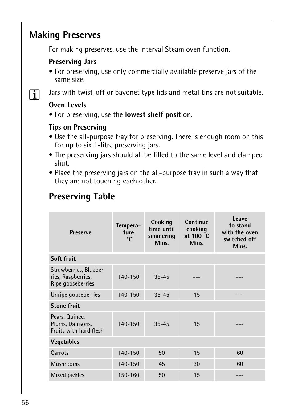 Making preserves, Preserving table | Electrolux CB8920-1 User Manual | Page 56 / 80