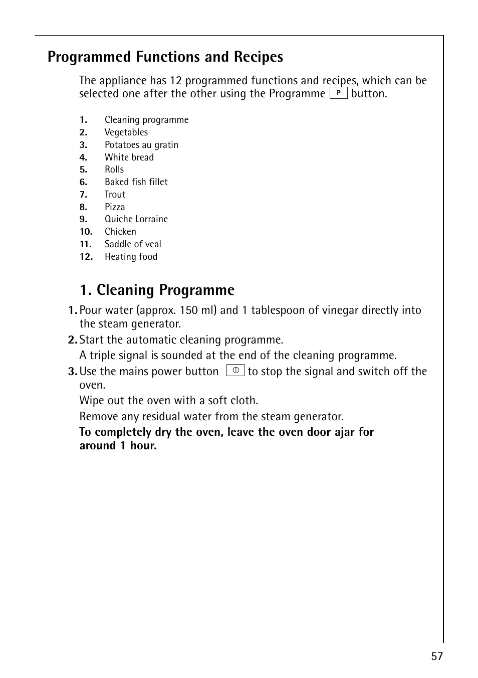 Programmed functions and recipes, Cleaning programme | Electrolux CB8920-1 User Manual | Page 57 / 80