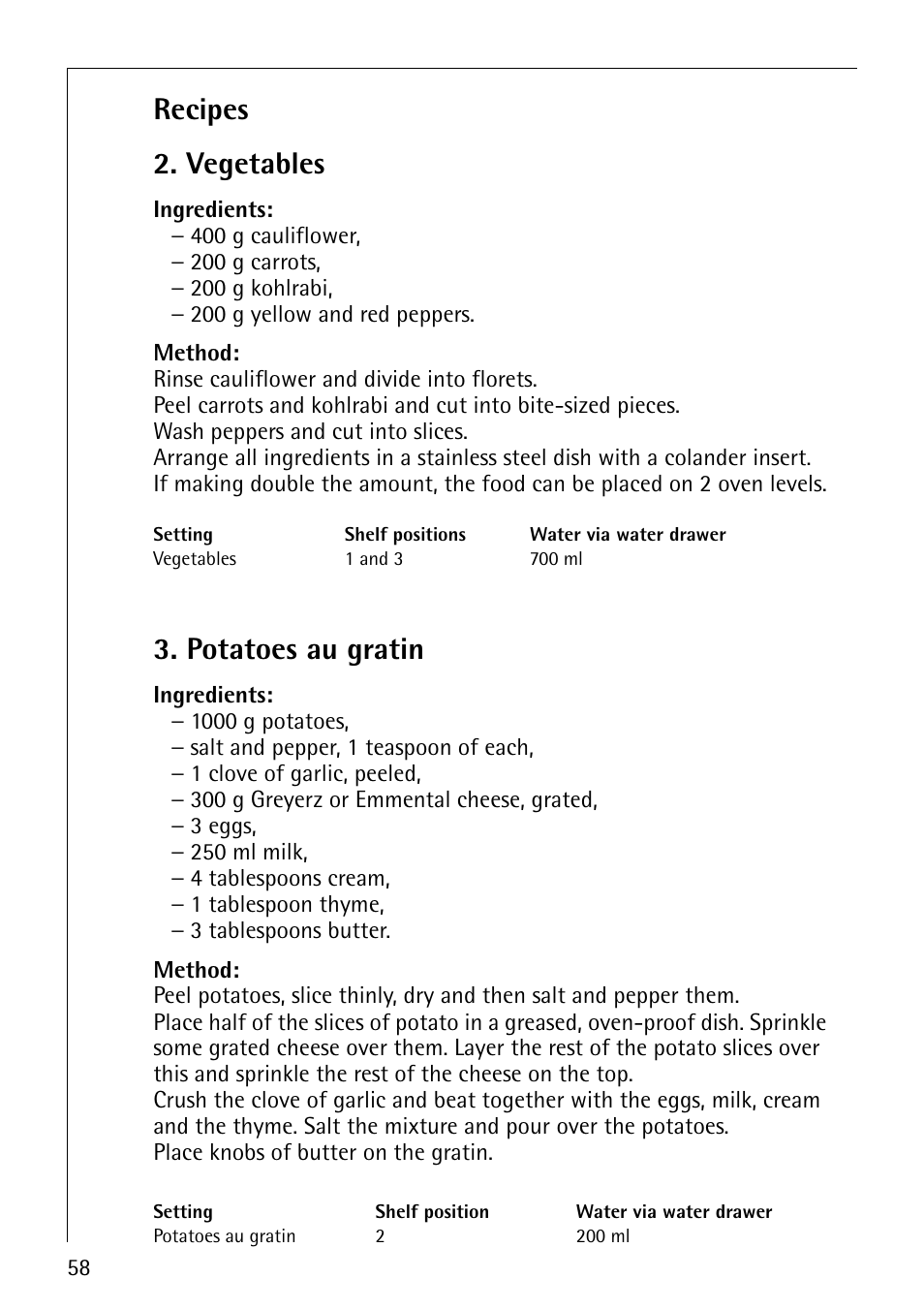 Recipes 2. vegetables, Potatoes au gratin | Electrolux CB8920-1 User Manual | Page 58 / 80