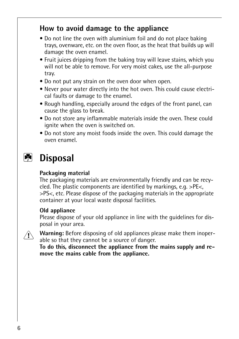 2 disposal, How to avoid damage to the appliance | Electrolux CB8920-1 User Manual | Page 6 / 80