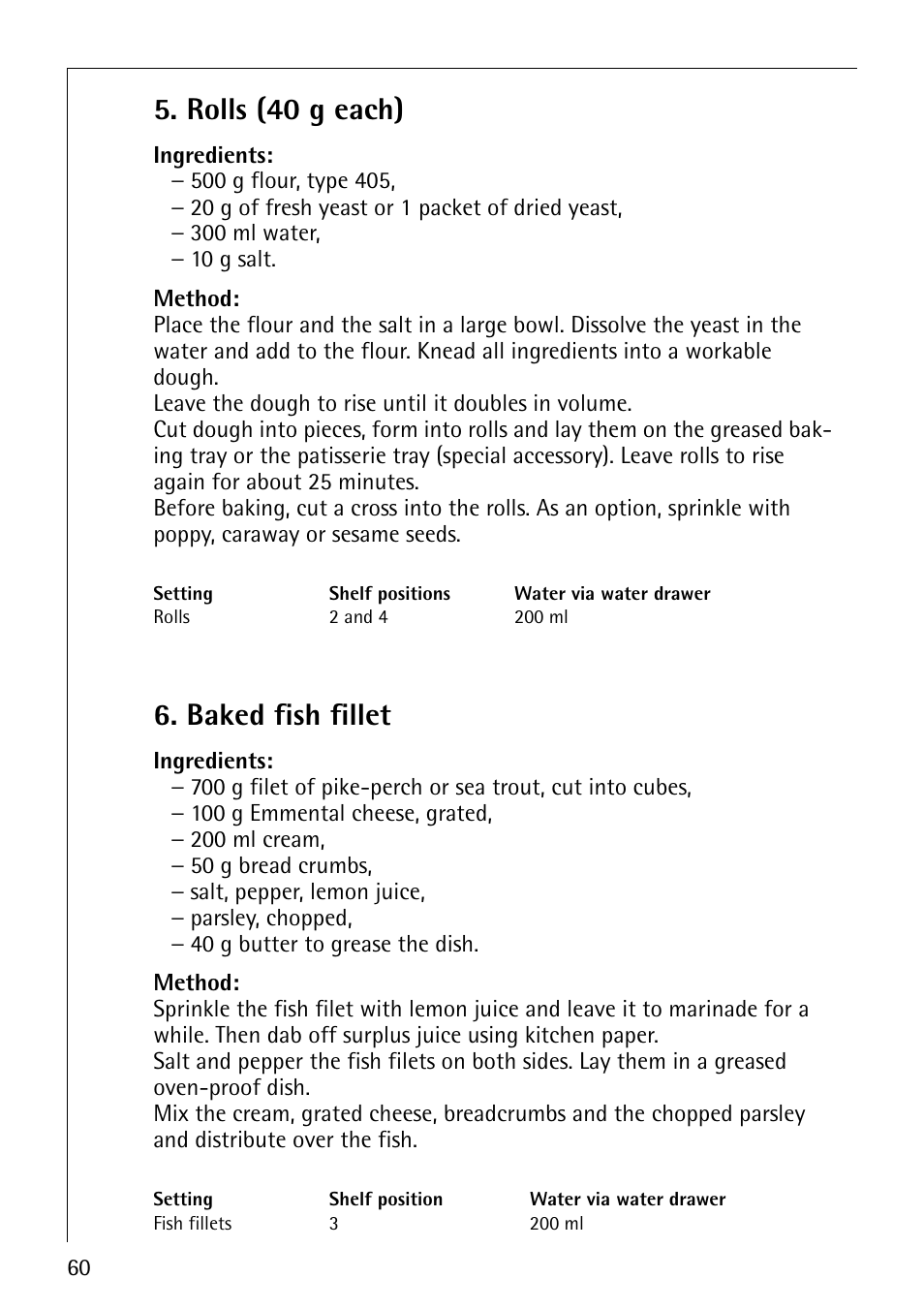 Rolls (40 g each), Baked fish fillet | Electrolux CB8920-1 User Manual | Page 60 / 80