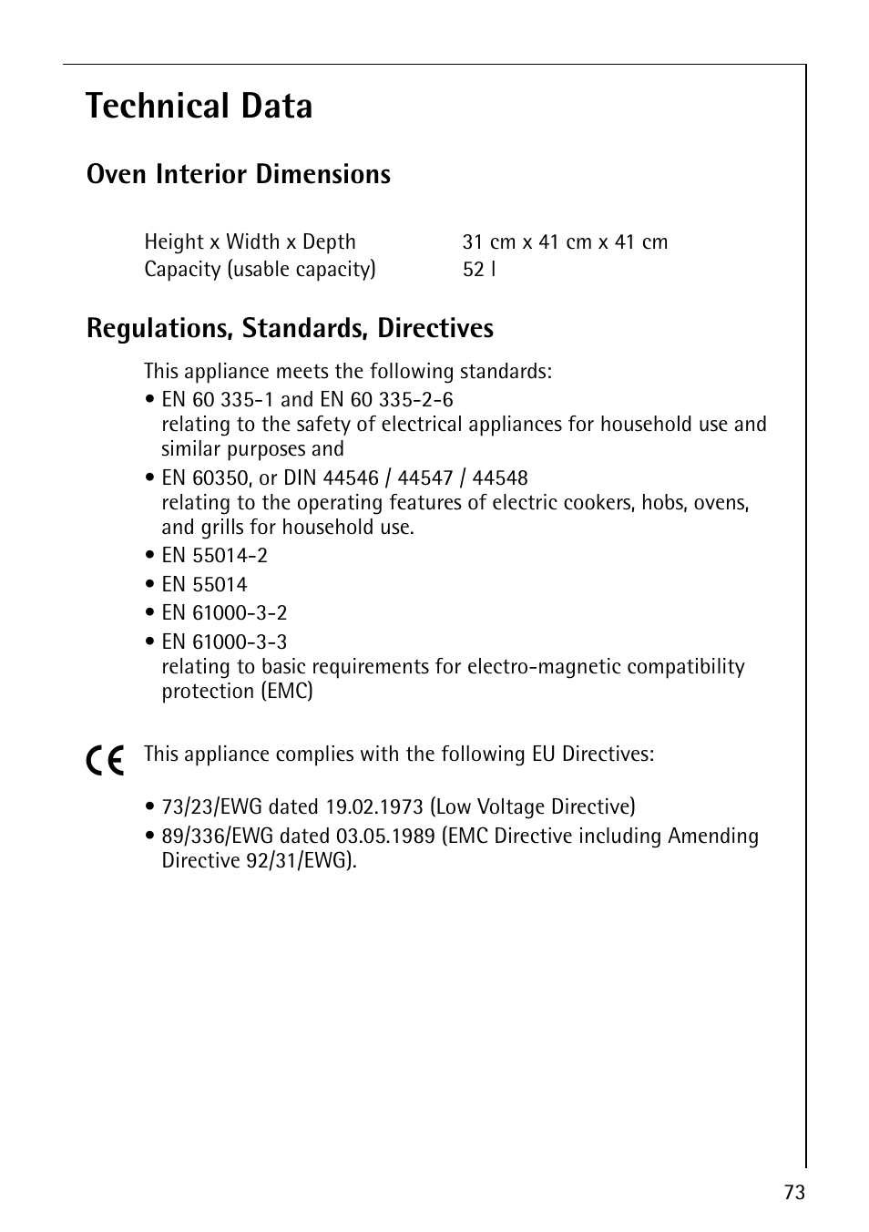 Technical data, Oven interior dimensions, Regulations, standards, directives | Electrolux CB8920-1 User Manual | Page 73 / 80