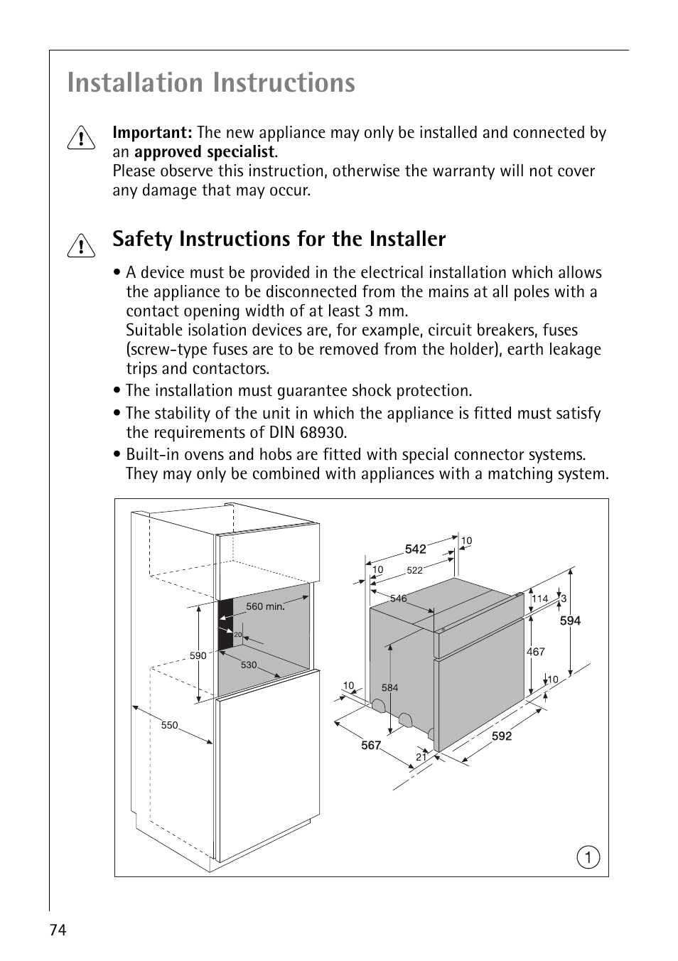 Installation instructions 1, Safety instructions for the installer | Electrolux CB8920-1 User Manual | Page 74 / 80