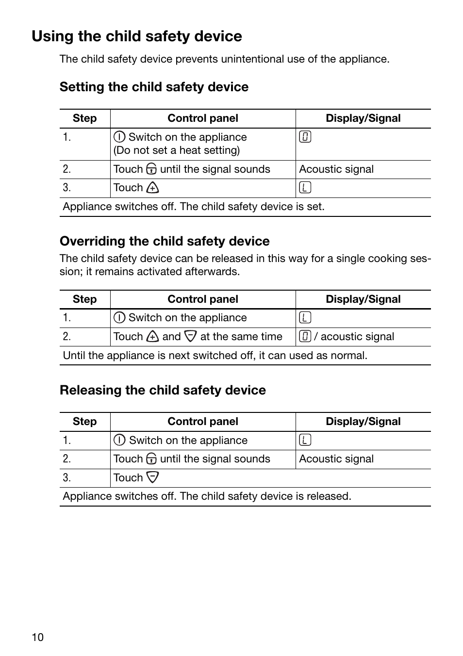 Using the child safety device, Setting the child safety device, Overriding the child safety device | Releasing the child safety device | Electrolux EHD 6005 P User Manual | Page 10 / 32