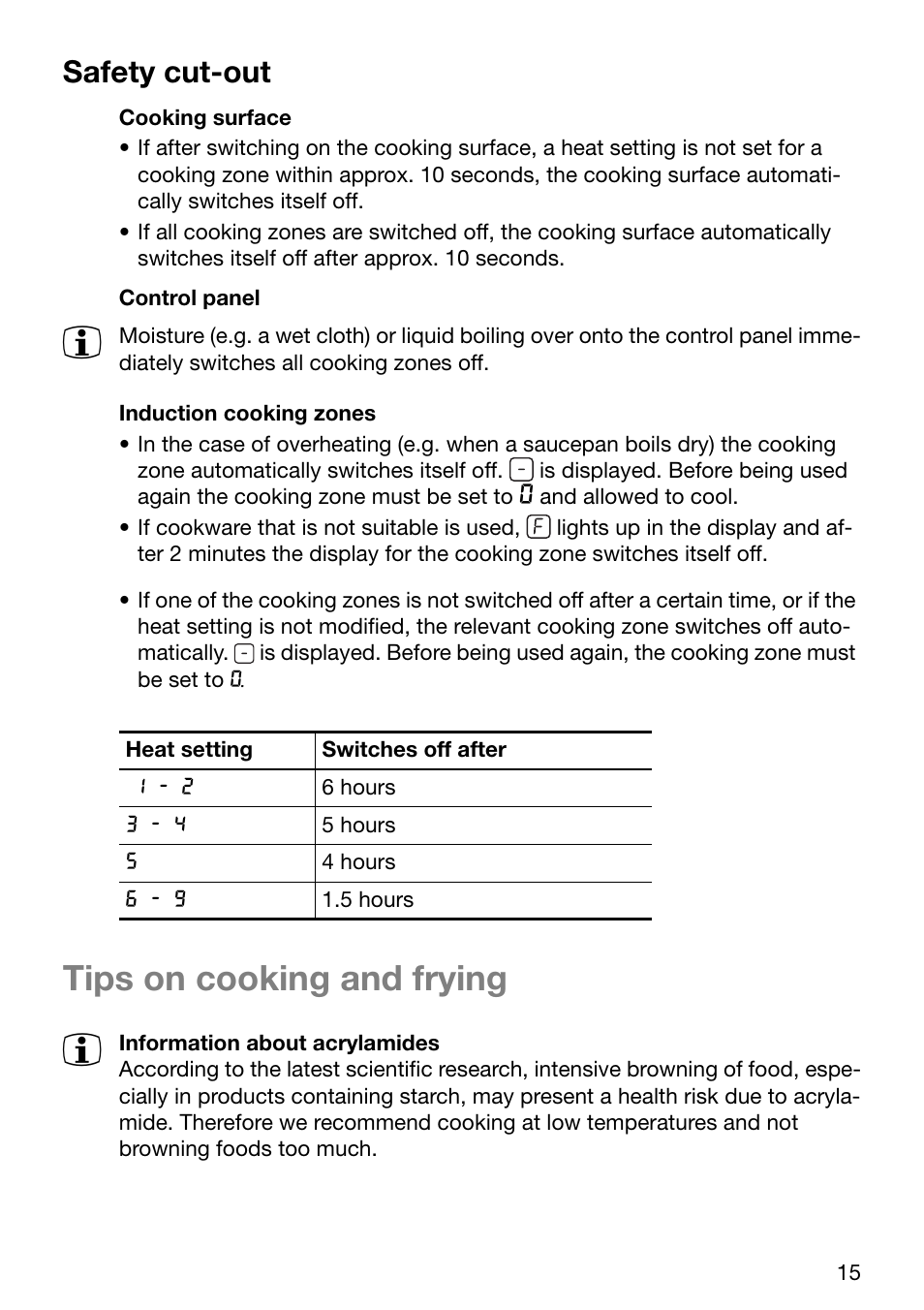 Tips on cooking and frying, Safety cut-out | Electrolux EHD 6005 P User Manual | Page 15 / 32