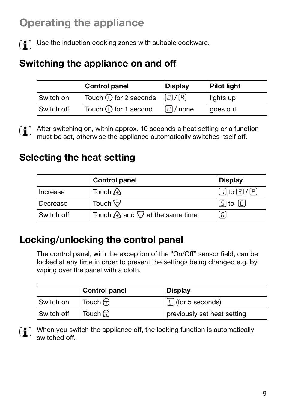 Operating the appliance, Switching the appliance on and off, Selecting the heat setting | Locking/unlocking the control panel | Electrolux EHD 6005 P User Manual | Page 9 / 32