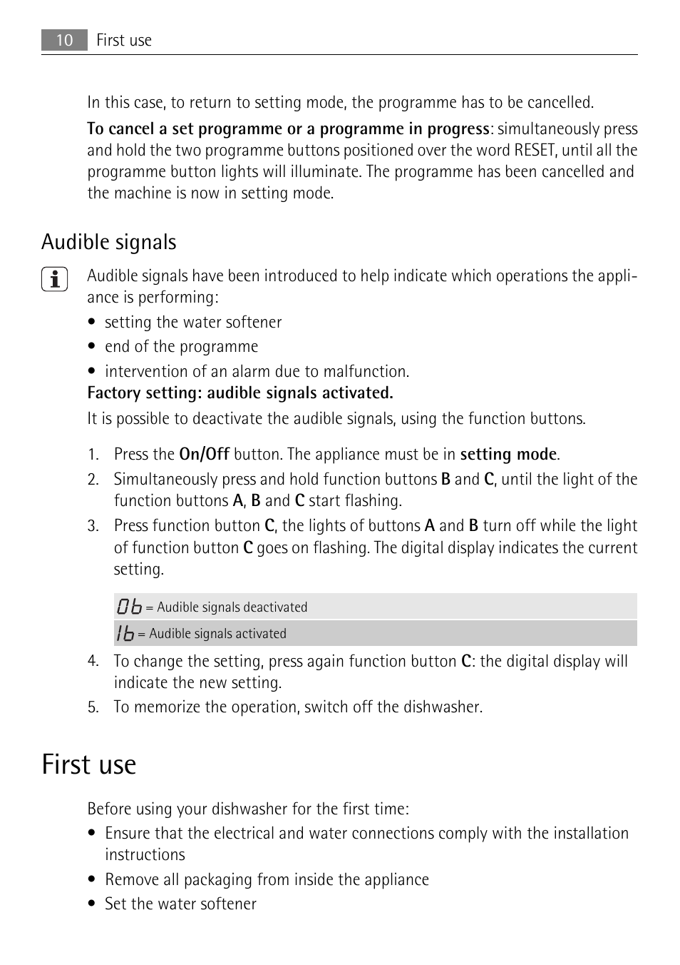 First use, Audible signals | Electrolux 86011 VI User Manual | Page 10 / 40