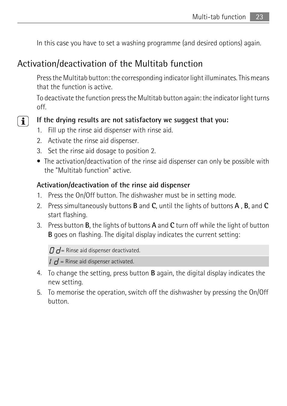 Activation/deactivation of the multitab function | Electrolux 86011 VI User Manual | Page 23 / 40