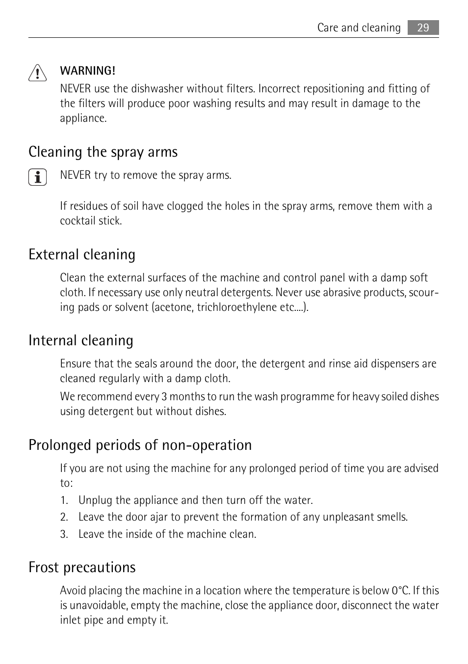 Cleaning the spray arms, External cleaning, Internal cleaning | Prolonged periods of non-operation, Frost precautions | Electrolux 86011 VI User Manual | Page 29 / 40