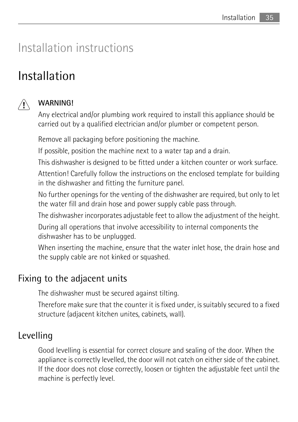 Installation instructions installation | Electrolux 86011 VI User Manual | Page 35 / 40