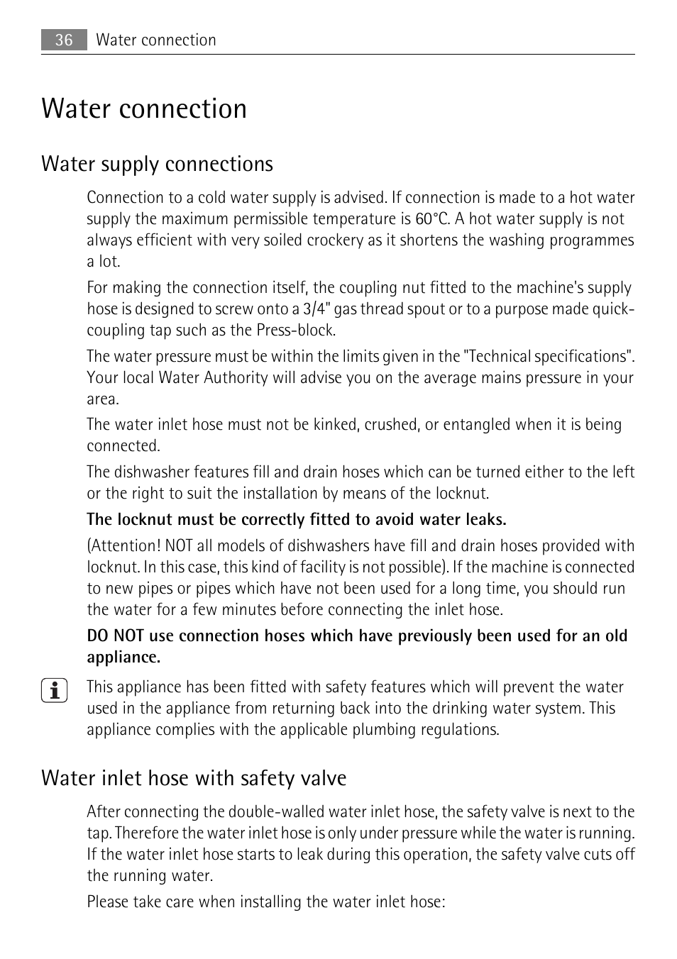 Water connection | Electrolux 86011 VI User Manual | Page 36 / 40