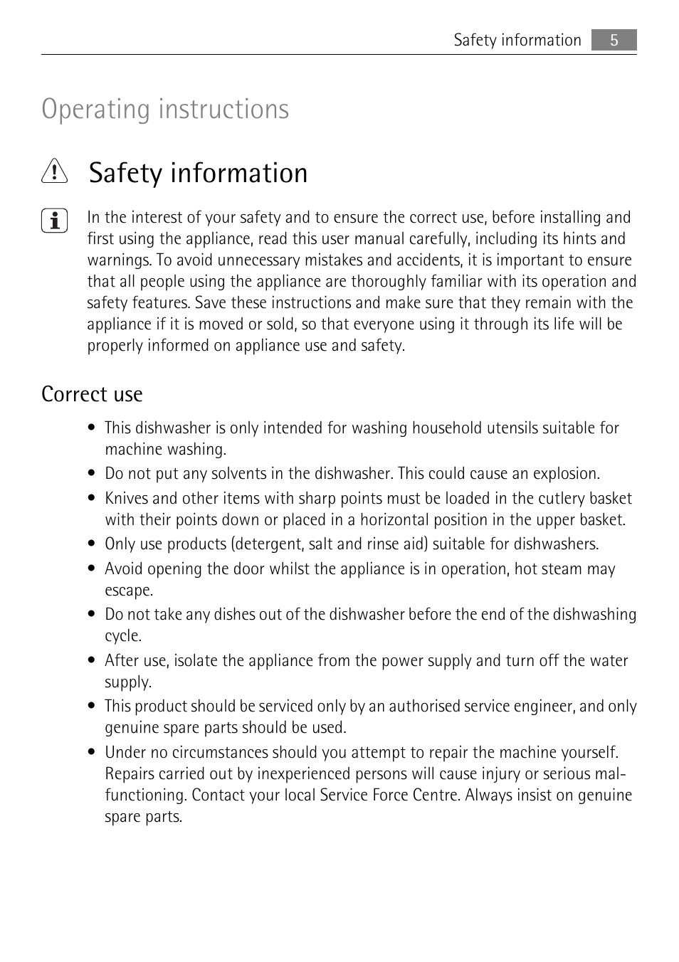 Operating instructions safety information, Correct use | Electrolux 86011 VI User Manual | Page 5 / 40