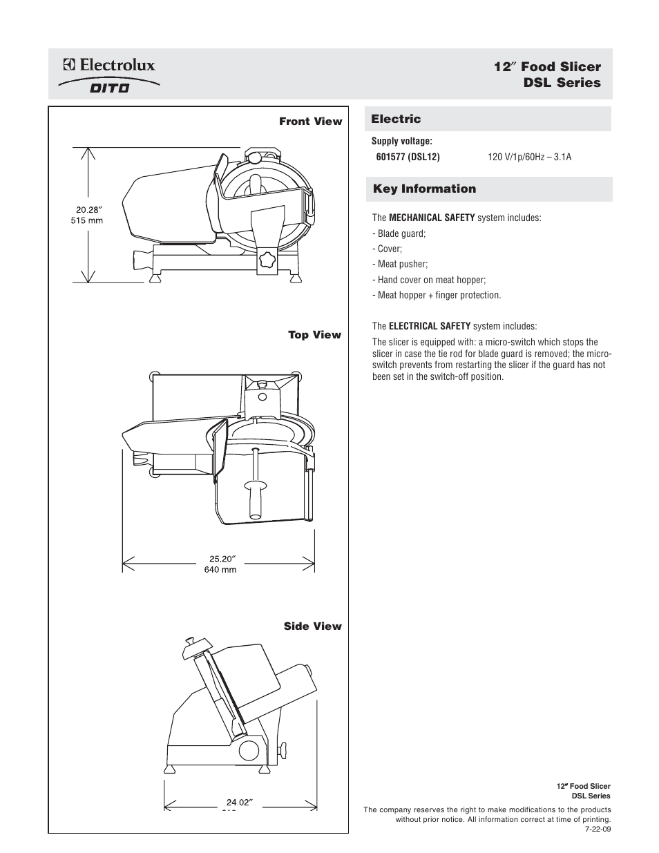 12 ″ food slicer dsl series | Electrolux Dito DSL Series User Manual | Page 2 / 2