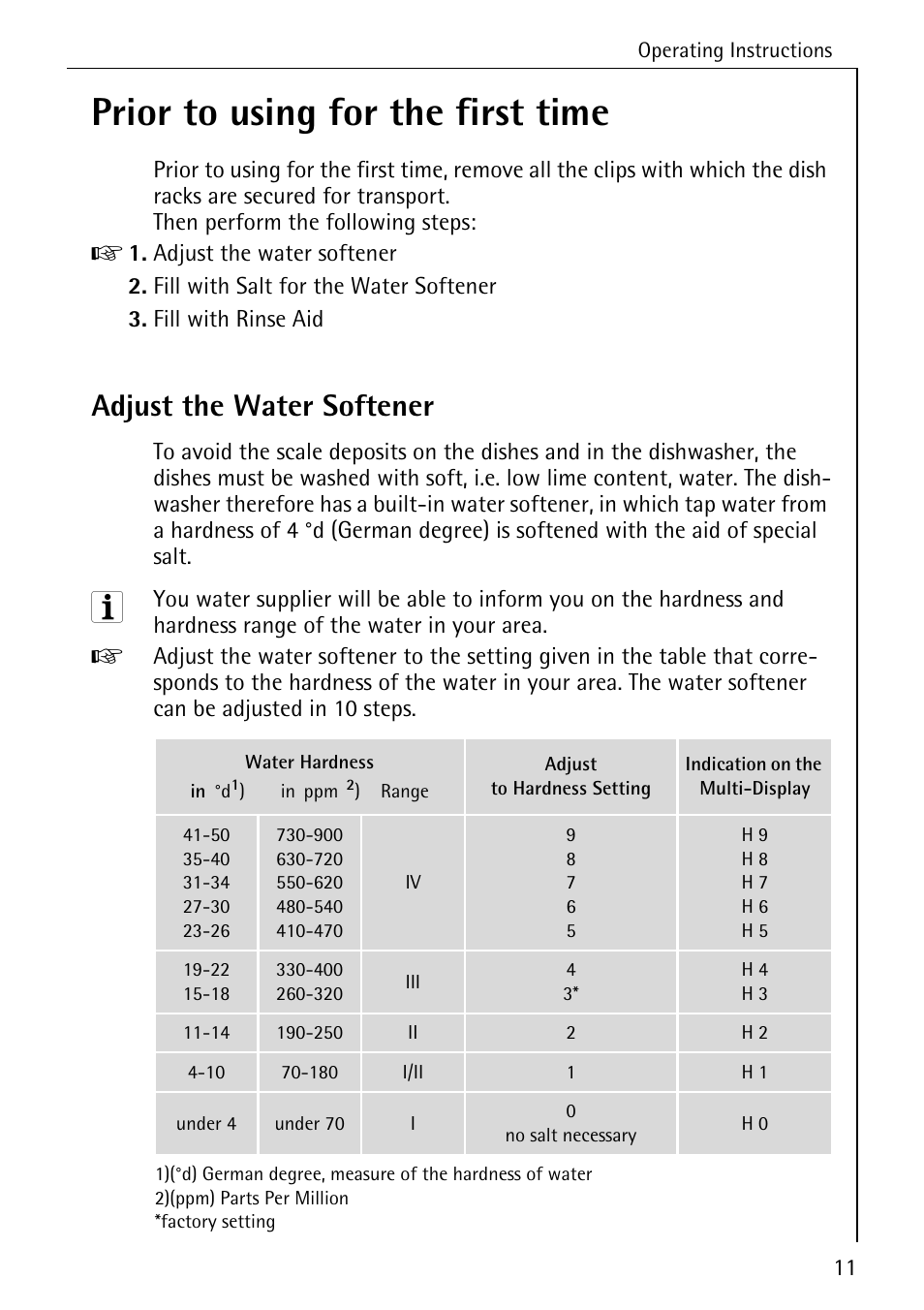 Prior to using for the first time, Adjust the water softener | Electrolux 60800 User Manual | Page 11 / 44