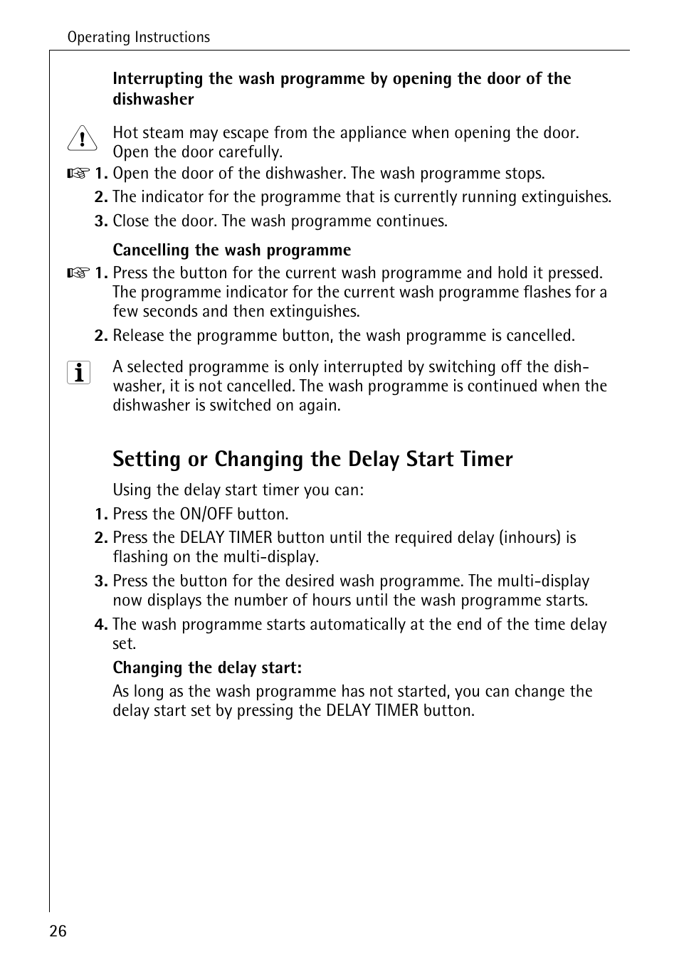Setting or changing the delay start timer | Electrolux 60800 User Manual | Page 26 / 44