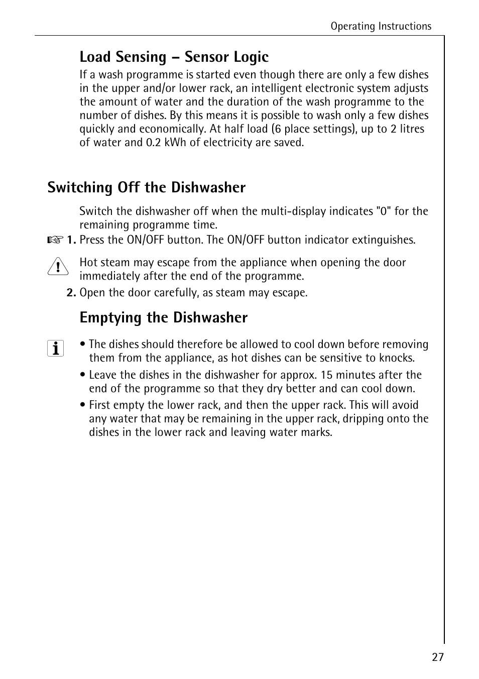 Load sensing – sensor logic, Switching off the dishwasher, Emptying the dishwasher | Electrolux 60800 User Manual | Page 27 / 44