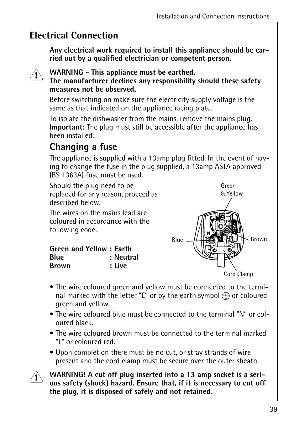 Electrical connection, Changing a fuse | Electrolux 60800 User Manual | Page 39 / 44