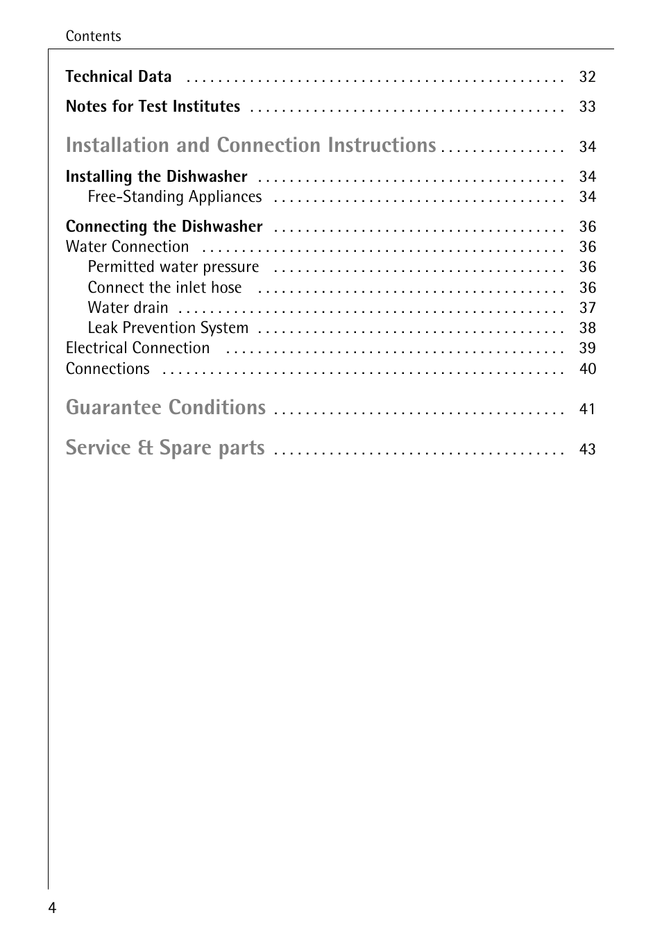 Installation and connection instructions, Guarantee conditions, Service & spare parts | Electrolux 60800 User Manual | Page 4 / 44