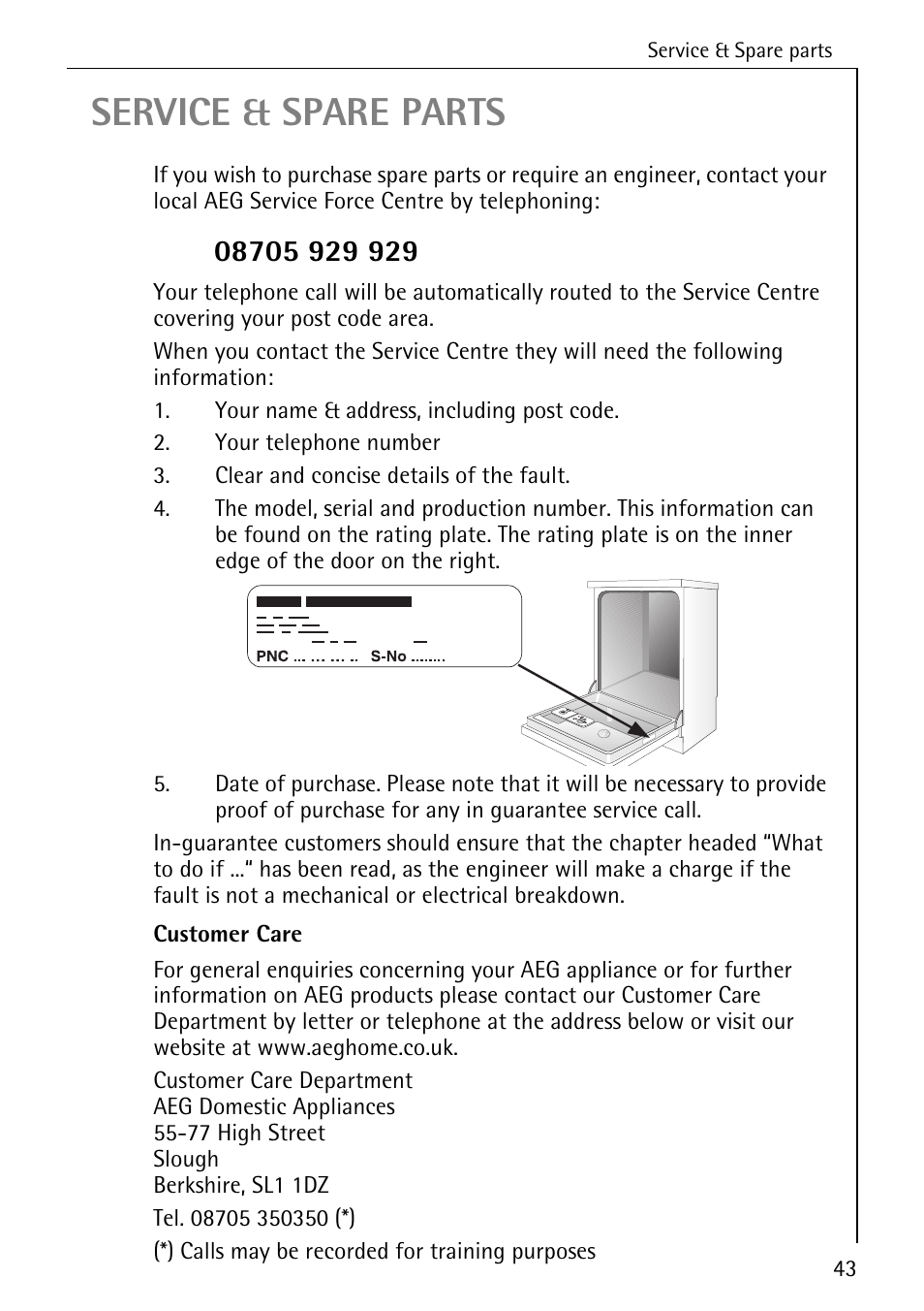 Service & spare parts | Electrolux 60800 User Manual | Page 43 / 44