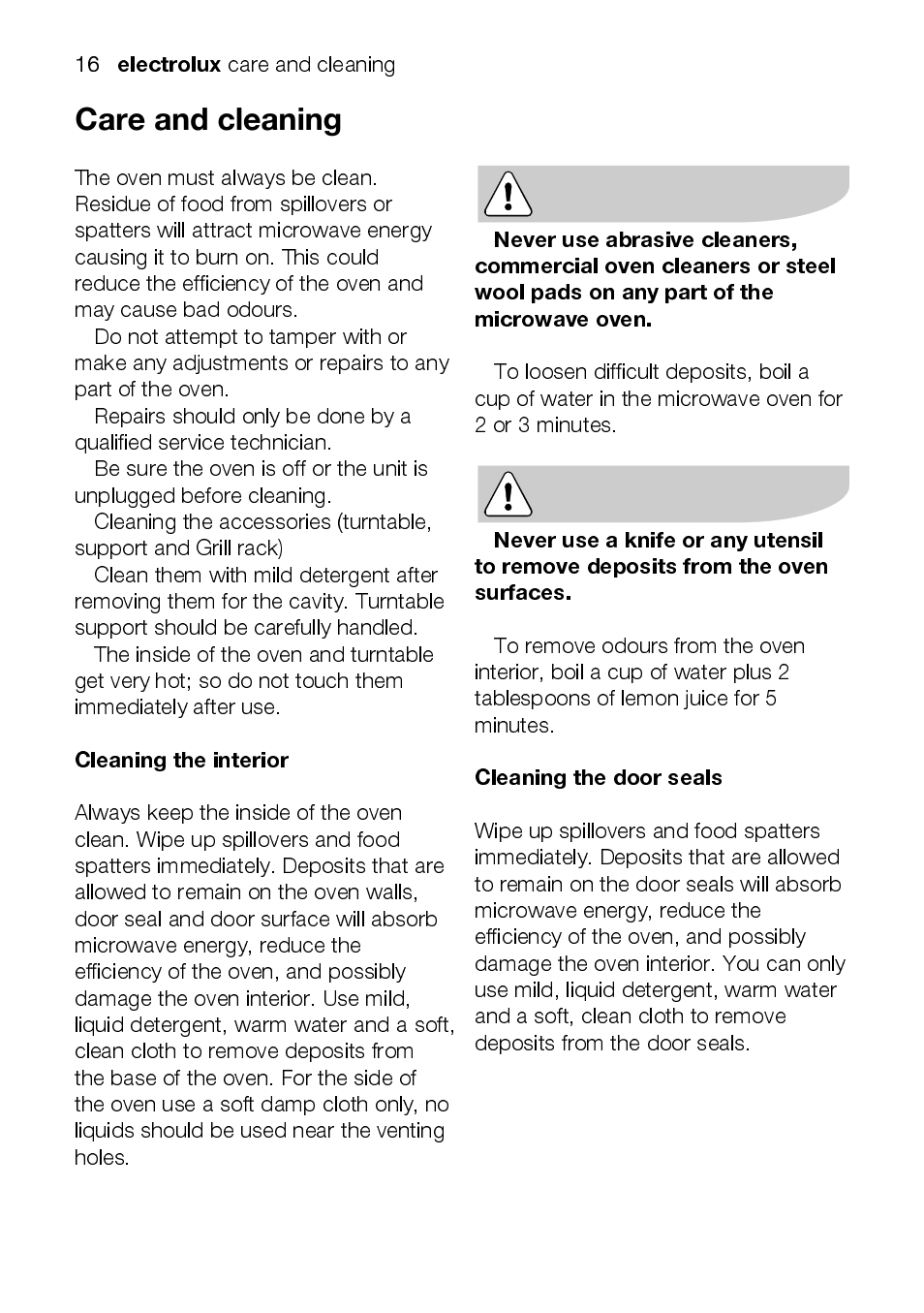 Electrolux, Cleaning the interior, Cleaning the door seals | Electrolux EMM1100 User Manual | Page 16 / 23