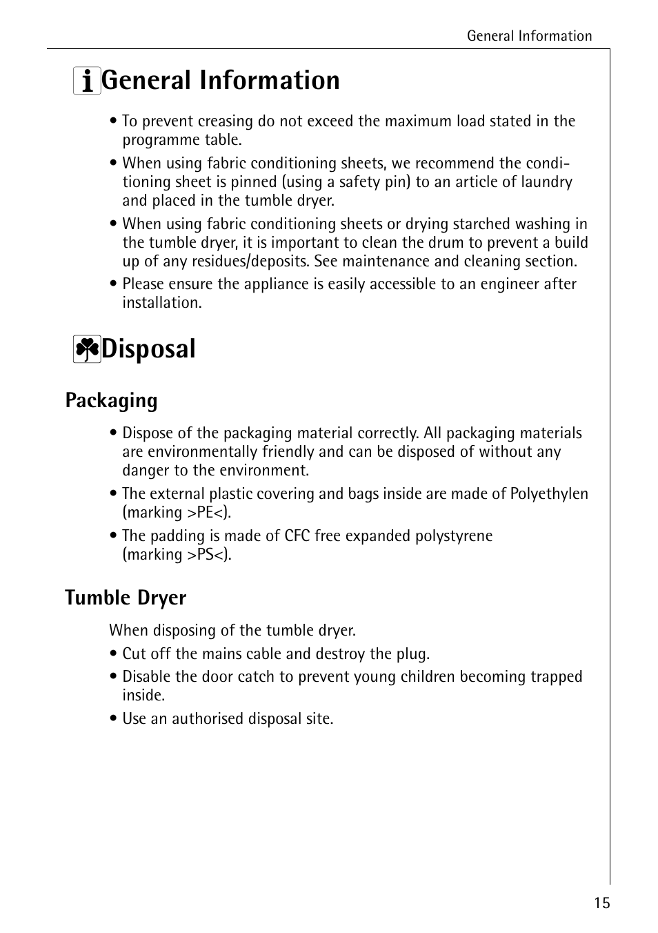 3 general information, 2 disposal, Packaging | Tumble dryer | Electrolux LAVATHERM 32600 User Manual | Page 15 / 40