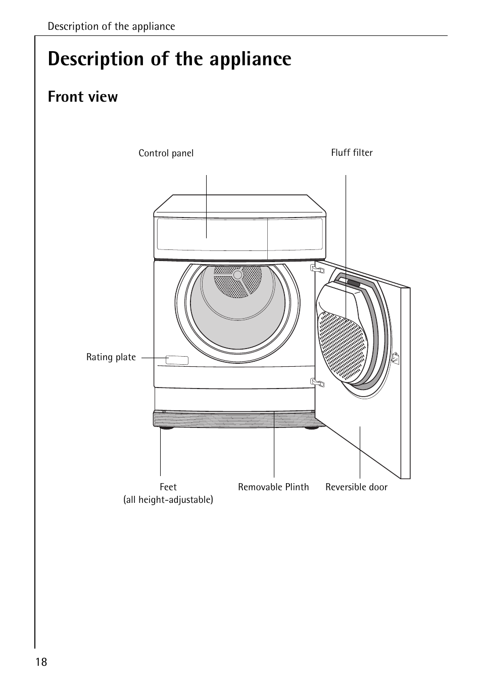 Description of the appliance, Front view | Electrolux LAVATHERM 32600 User Manual | Page 18 / 40
